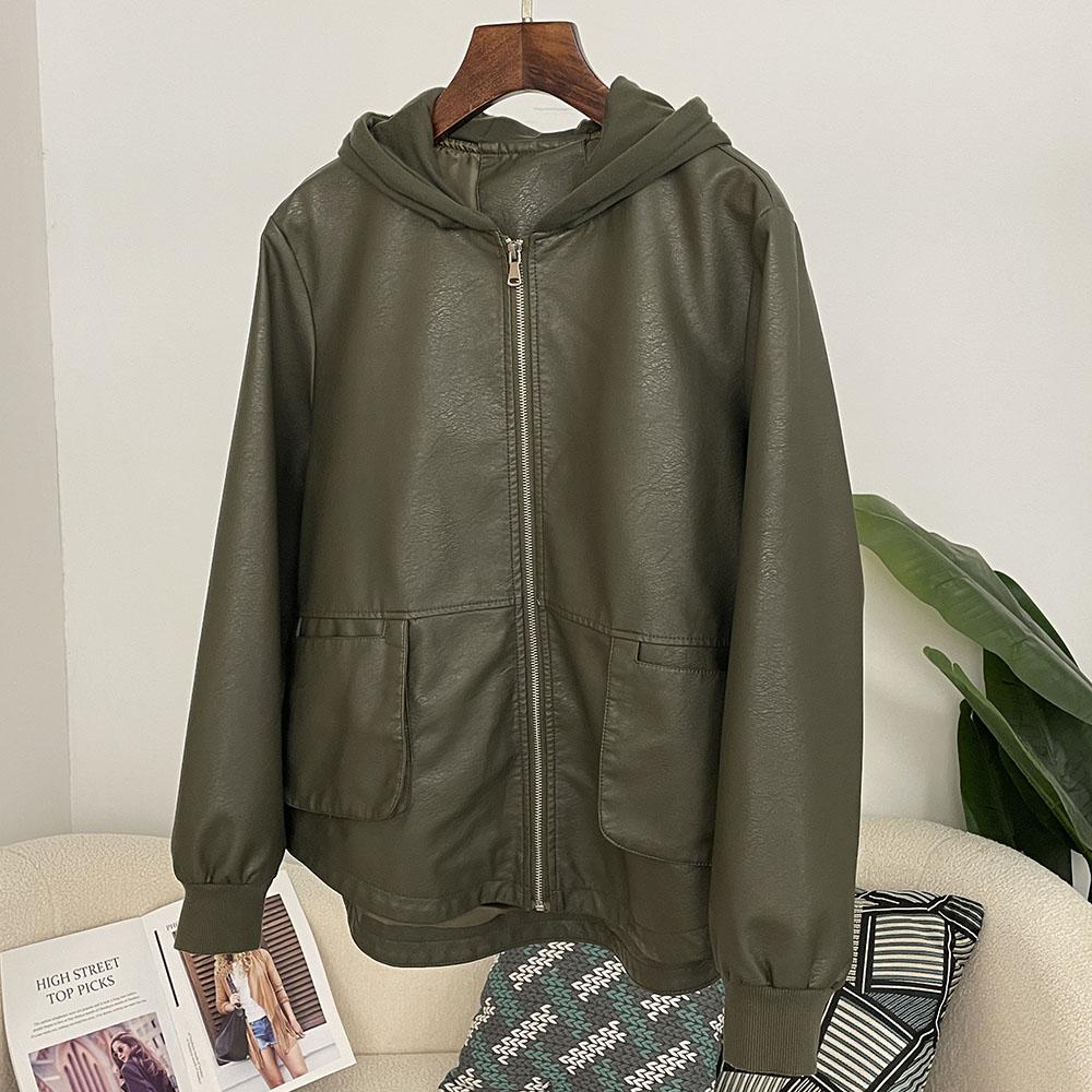 OFTBUY Femmes À Capuche Vintage Ample PU Faux Cuir Chapeau Veste Courte Décontractée Veste de Moto Féminine Zippée Rétro Moto Biker Manteau Vêtements d'Extérieur Hauts