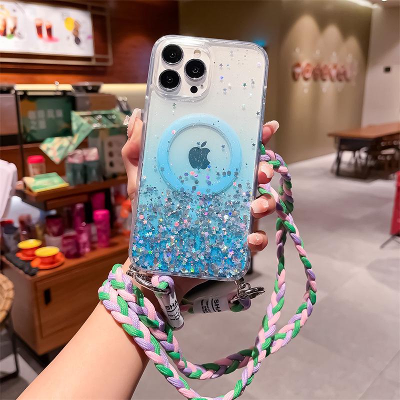 Husă din silicon cu gradient cu protecție magnetică la cădere pentru iPhone 14 Pro Max/13/12/11/8P, Include lanț oblic pentru agățat