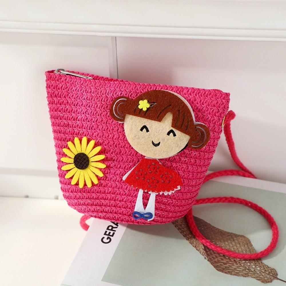 Creative Handmade Woven Straw Shoulder Bags Cute Lightweight Crossbody Bag Flower Beach Bag for Children