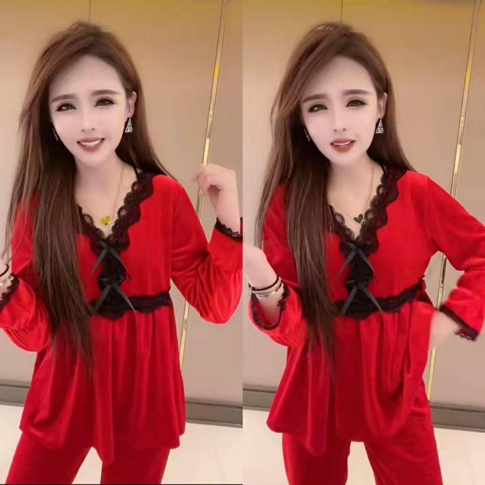 Gold Velvet V-Neck Loose Pajama Set for Women - Autumn/Winter Home Wear