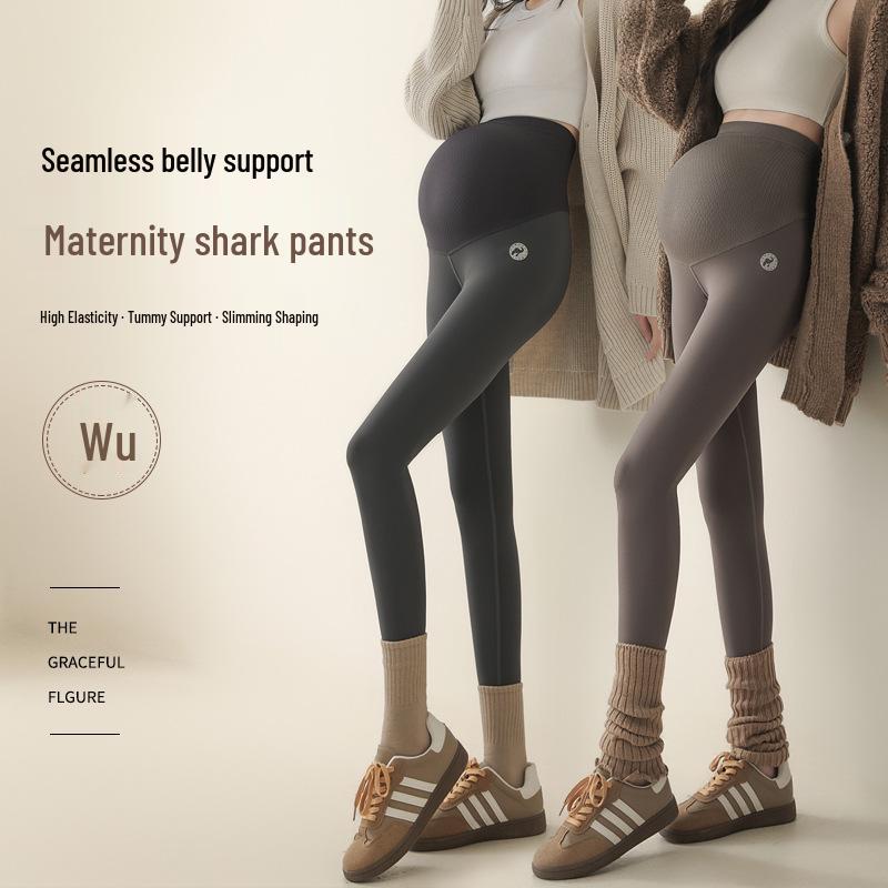

2025 Maternity Yoga Pants with Velvet Lining - Shark Spring/Autumn Wear, Belly Support, Barbie Style, Comfortable Base Layer for Winter L (110-130 lbs)