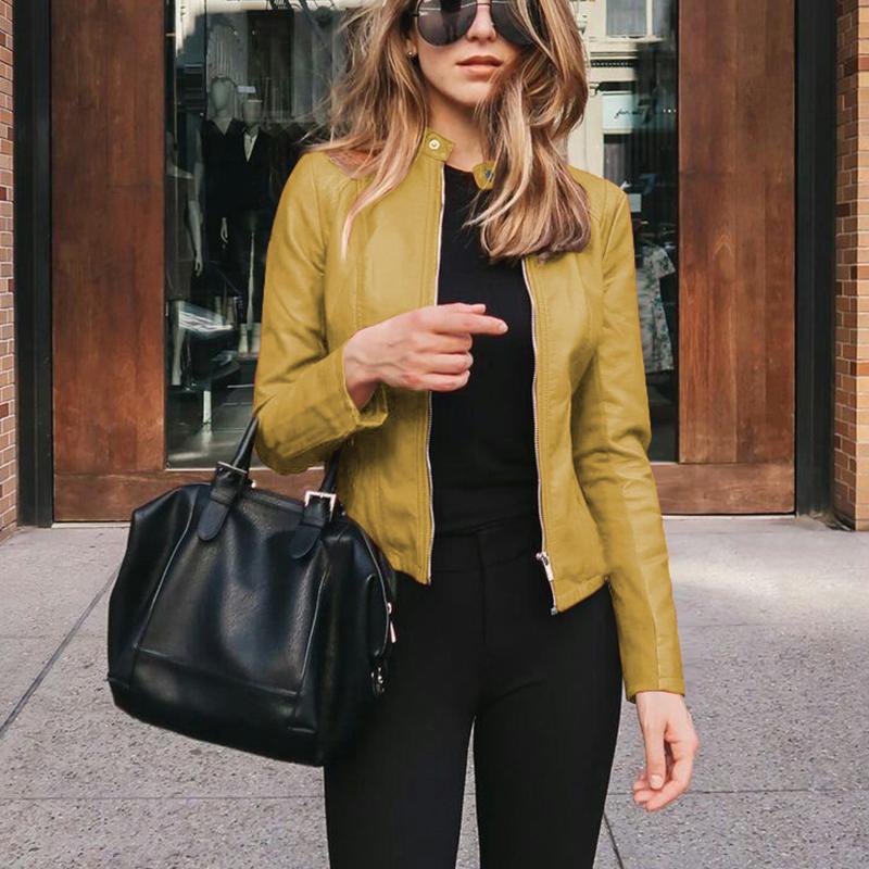 

Весенне-осенняя модная куртка с воротником-стойкой большого размера, женская тонкая универсальная куртка из искусственной кожи, топ, женский однотонный кардиган 4XL жёлтый