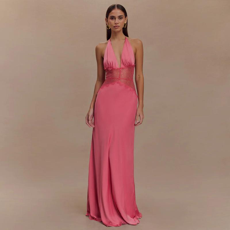 Autumn New Deep V Sexy Long Dress European and American Temperament Neck High Waist Halter Dress