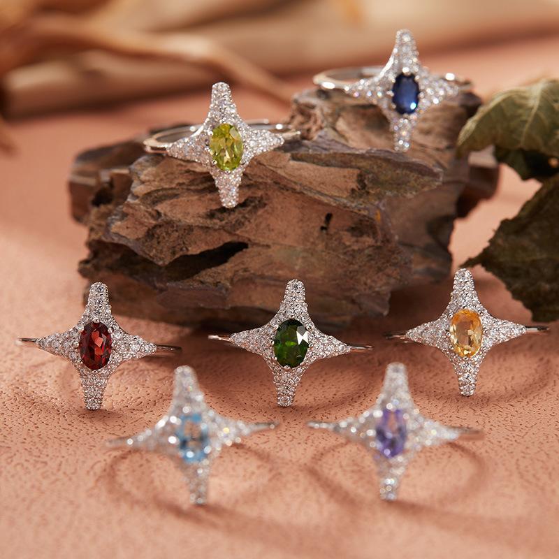 S925 Sterling Silver Natural Tanzanite Garnet Peridot Topaz Sapphire Ring Four-Pointed Star Index Finger Ring