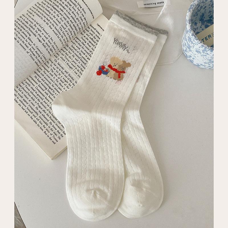 Female Summer Thin Mesh Breathable Preppy Cartoon Tube Cotton Socks