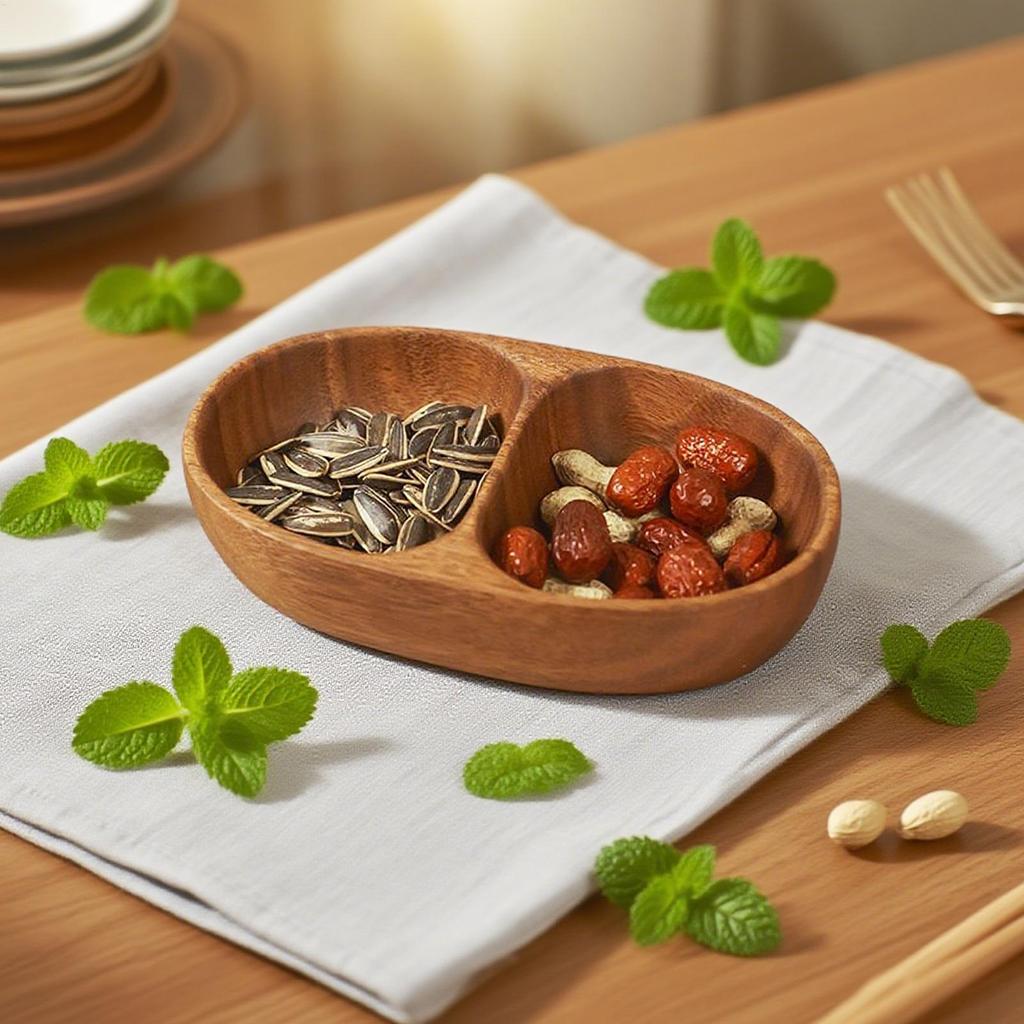 Double Compartment Kids Snack Bowls Wooden Food Dish Countertop Kitchen Party Adults Salad Candy Fruit Nuts Picnic