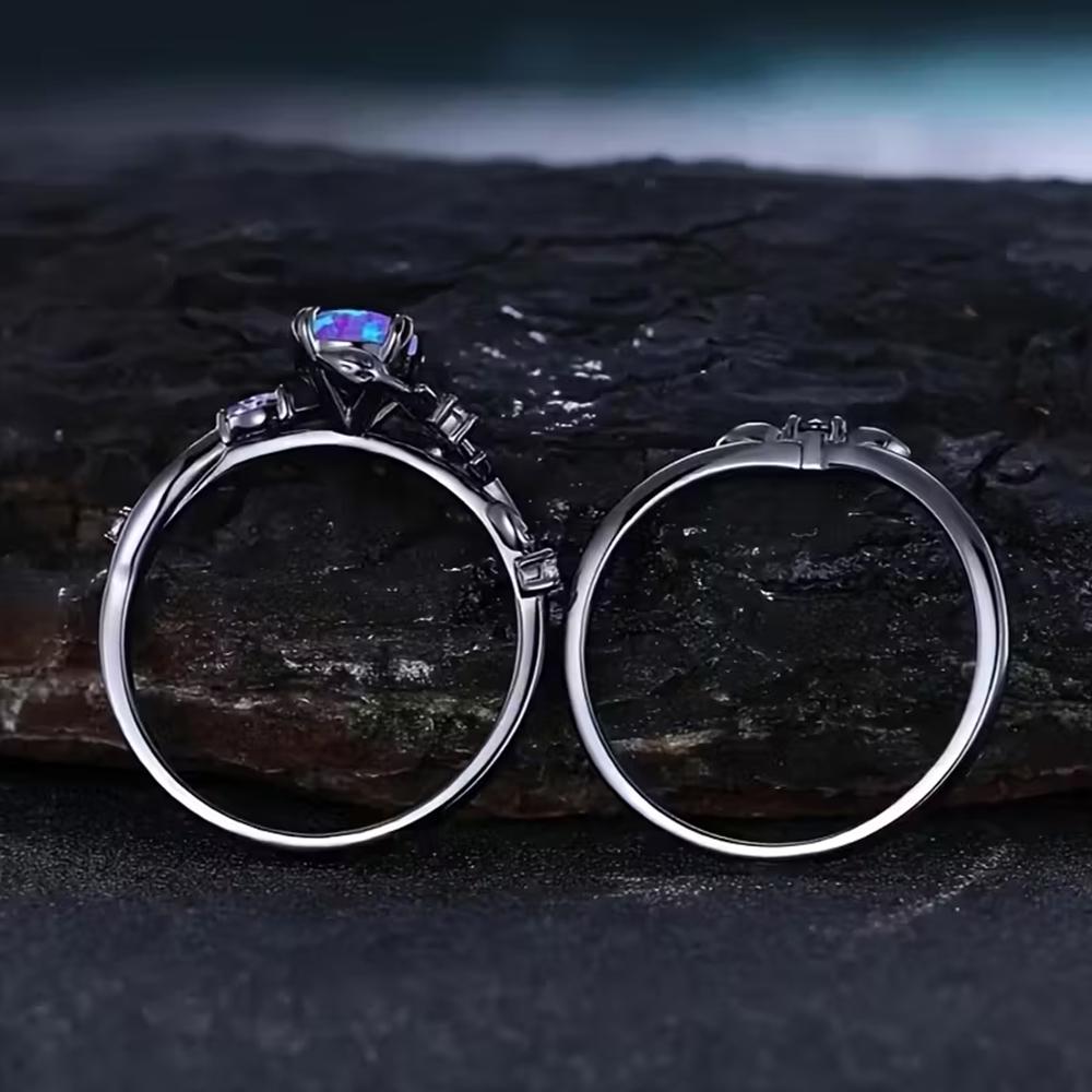 Vintage Black Gold Leaf Teardrop Opal Ring for Women Purple Amethyst Accent Gothic Engagement Ring Fashion Jewelry Gift