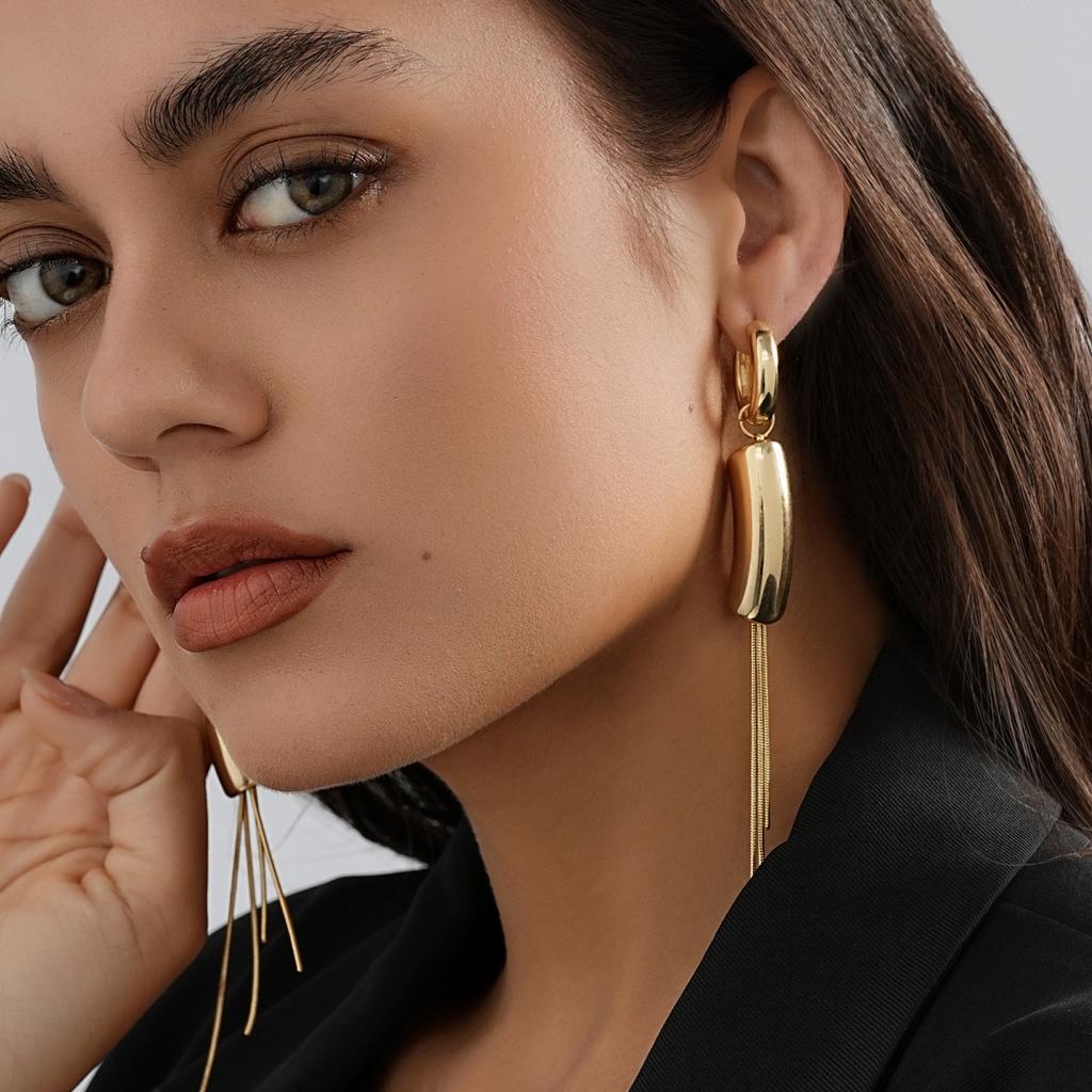 Gold Geometric Stylish Long Tassel Earrings For Women Design Asymmetrical