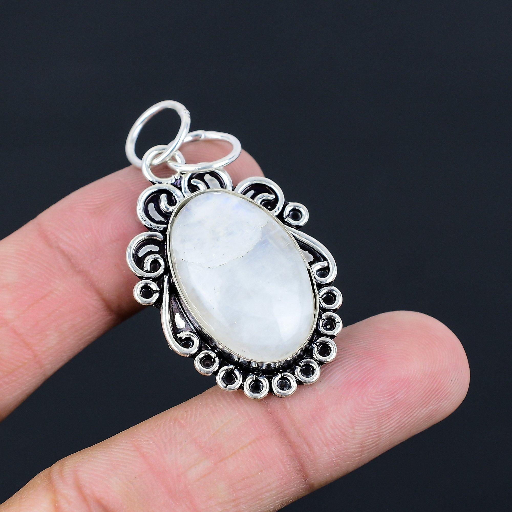Daughters Day Sale Oval Rainbow Moonstone Stone Trendy Pendant Sterling Silver