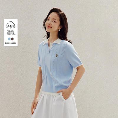 INMAN Women's Old Money Style Cable Knit Polo Short Sleeve Top