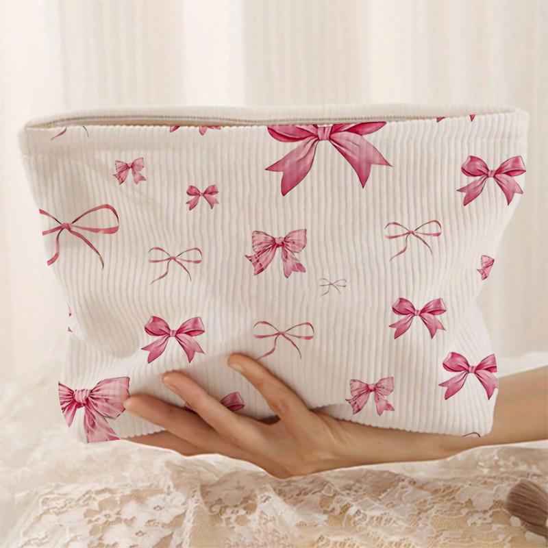 1pc Large Capacity Corduroy Cosmetic Bag Women Toiletries Organizer Bow Printed Zipper Makeup Bag Clutch Travel Cosmetic Storage