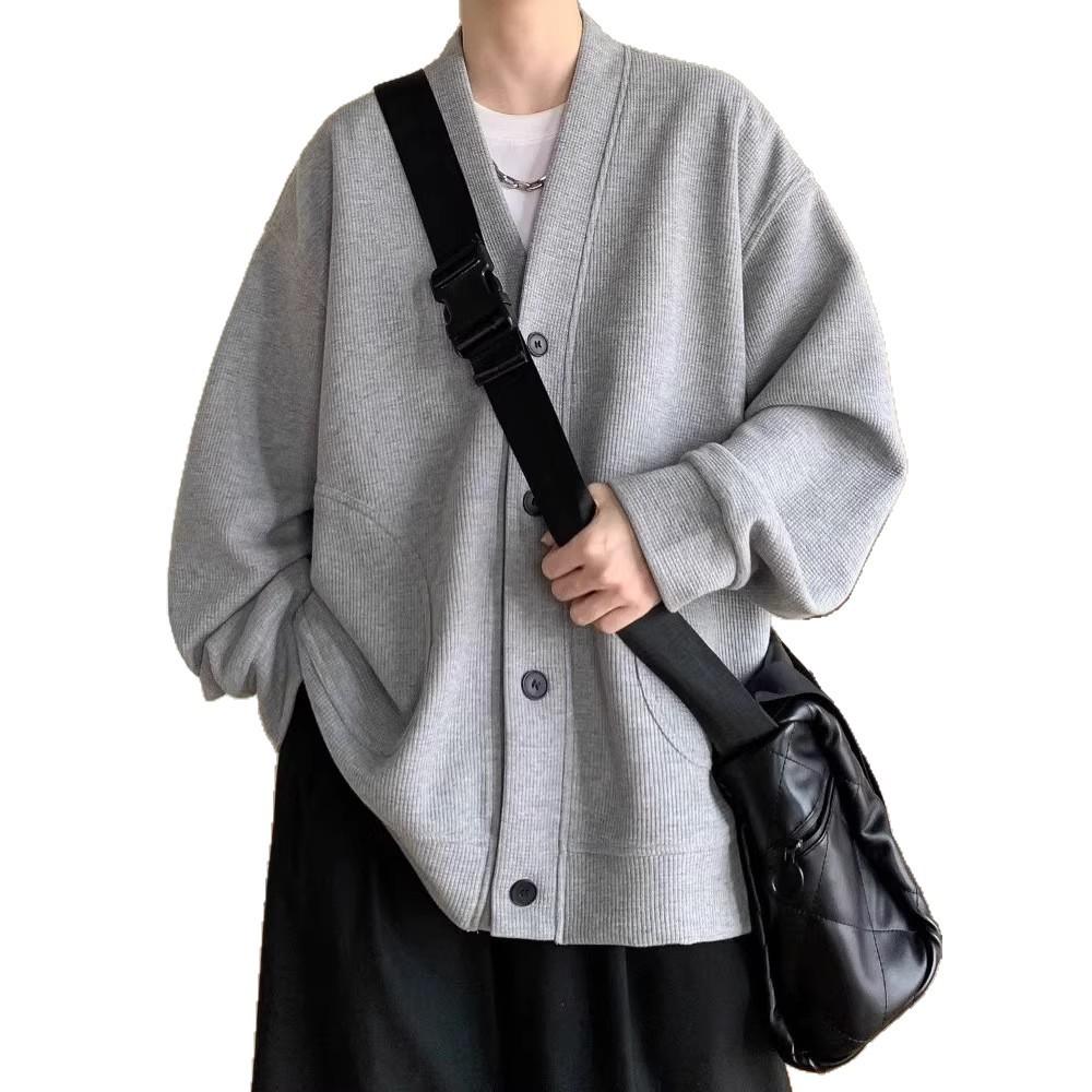 New Japanese Lazy Style Men's Trendy Waffle V-neck Knitted Fashion Sweater