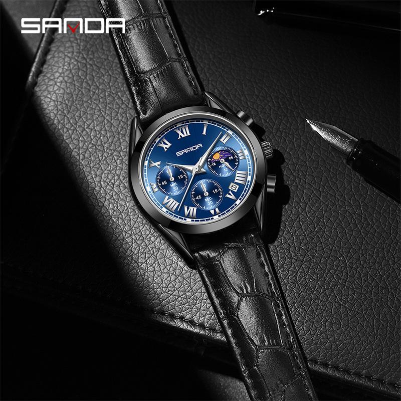 SANDA Men's Luminous Quartz Watch with Moon Phase, Calendar, and Leather Strap - Waterproof Business Casual Design.
