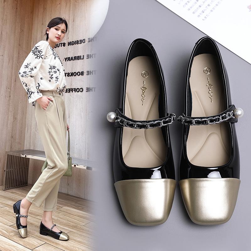 Shallow Mary Jane single shoes women's low-heeled chain casual maternity shoes splicing small fragrant shoes