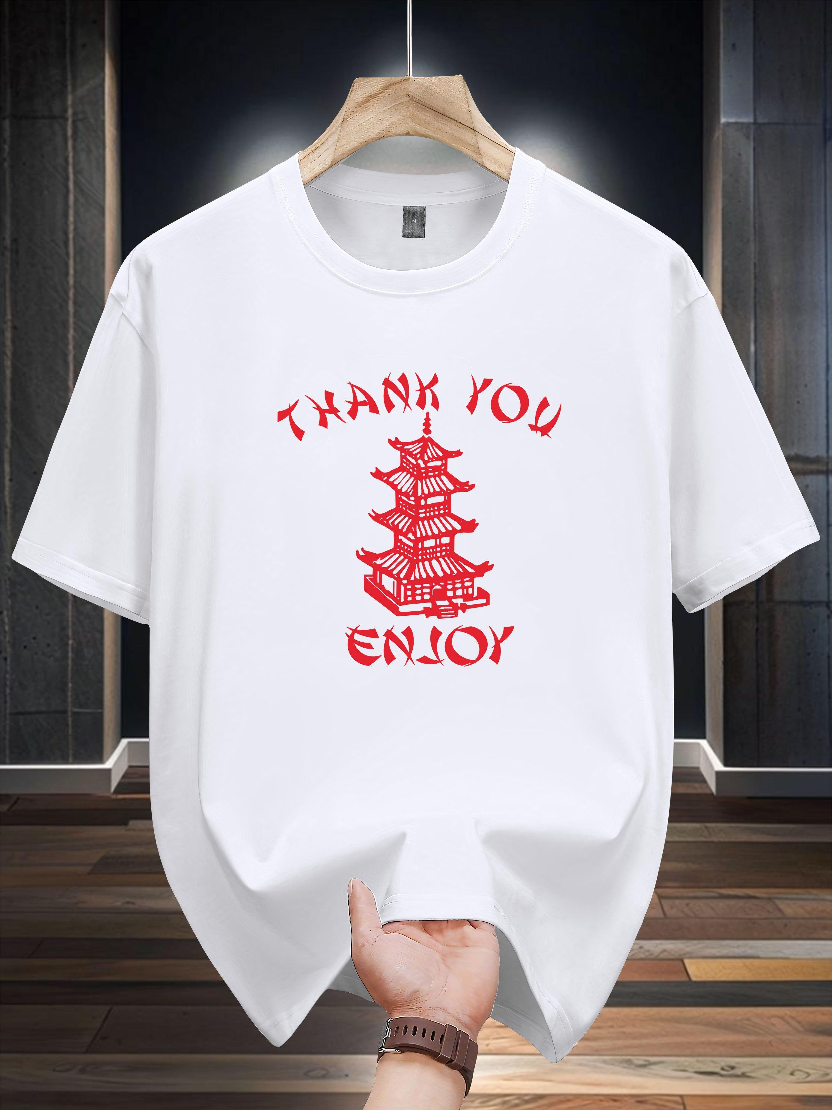 

Niuwang Selection T-shirt - Black Casual Graphic Tee with Red Pagoda & Thank You Enjoy Print XXXL