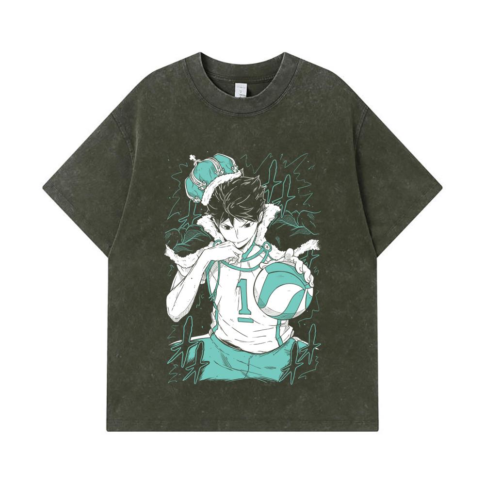 

275 GSM Washed T-shirts 100% Cotton Haikyu V3 Oikawa Print Unisex Heavy Cotton T Shirt S армия зеленый