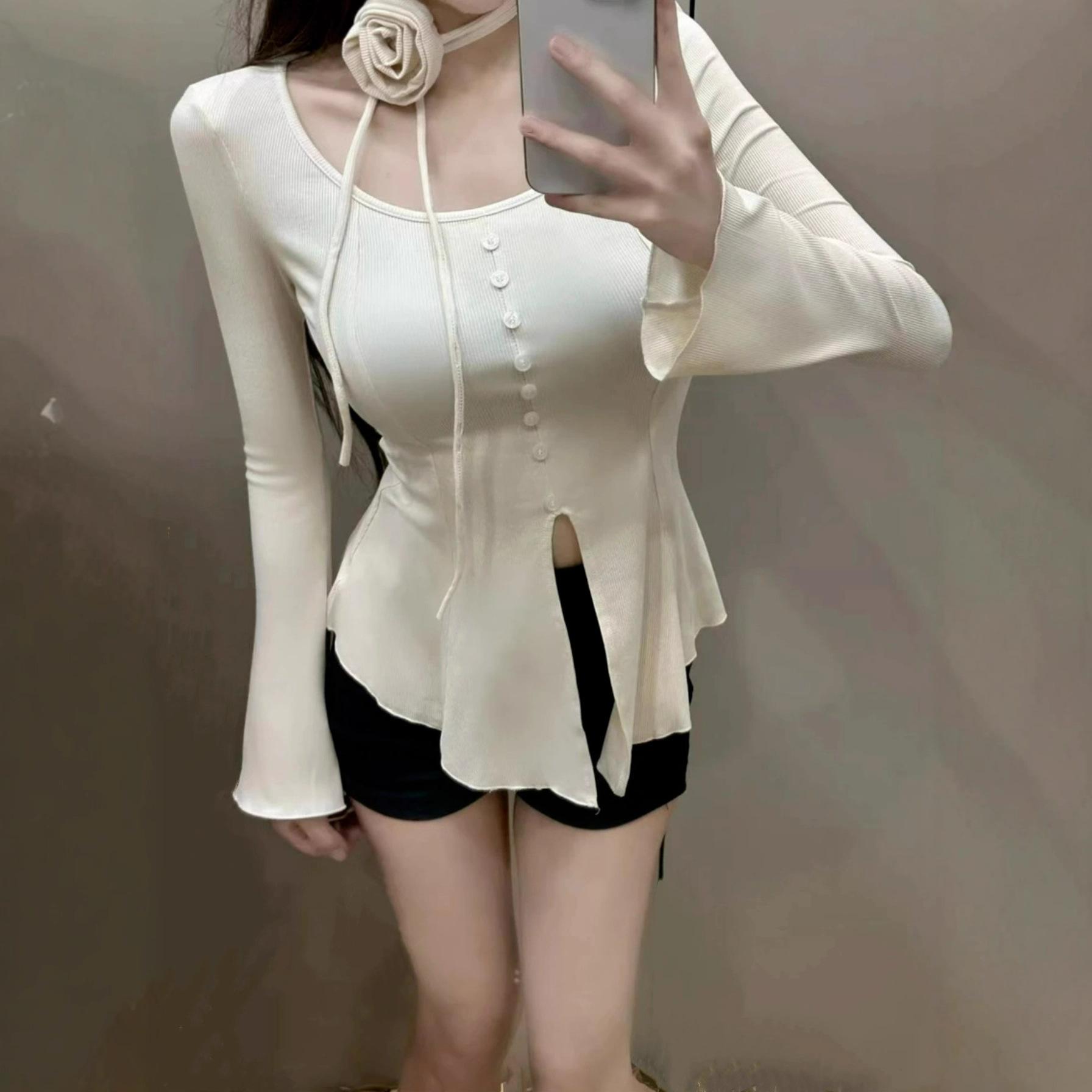 

Pure desire long-sleeved t-shirt female slim and thin irregular waist sweet and spicy top autumn new bottoming shirt one size fits all абрикосовий