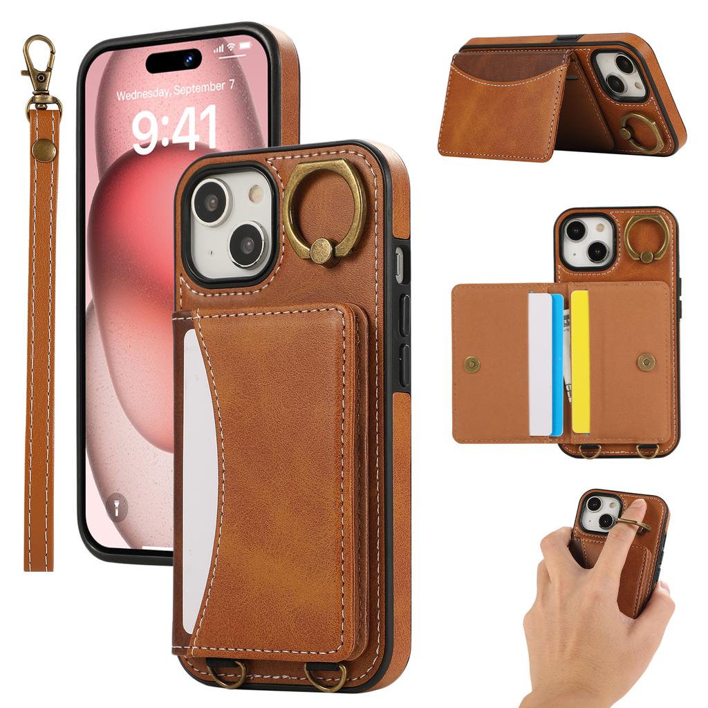 For iPhone 15 PU Leather Back Case Card Holder Kickstand Phone Cover with Wrist Strap