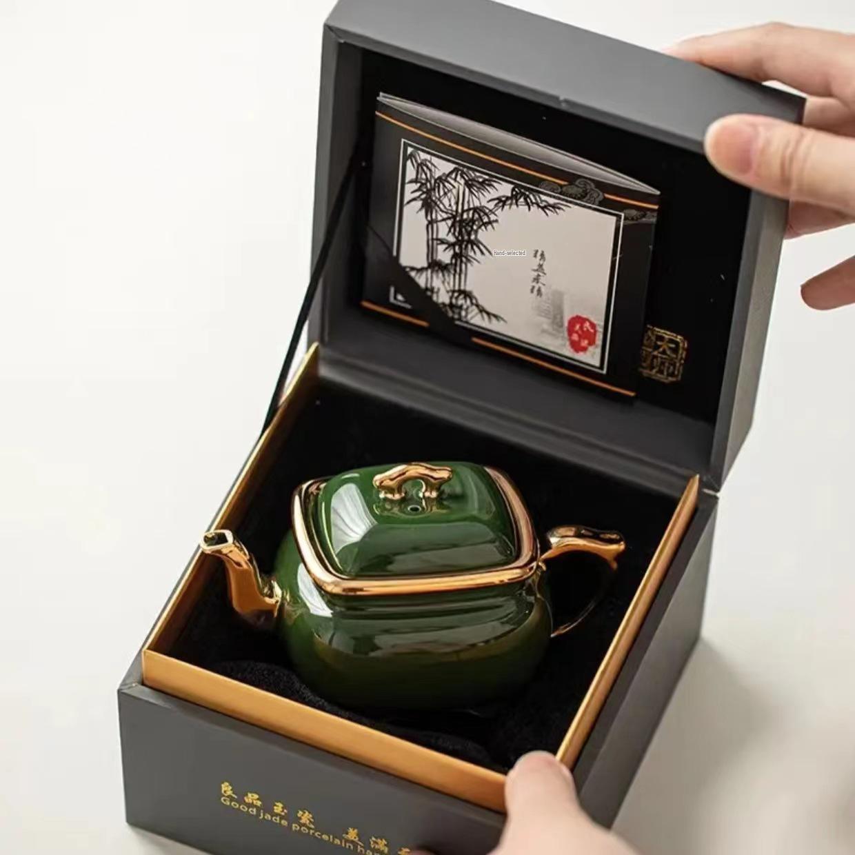 Hand-Painted Enamel Gilded Square Ceramic Teapot Set with Gift Box
