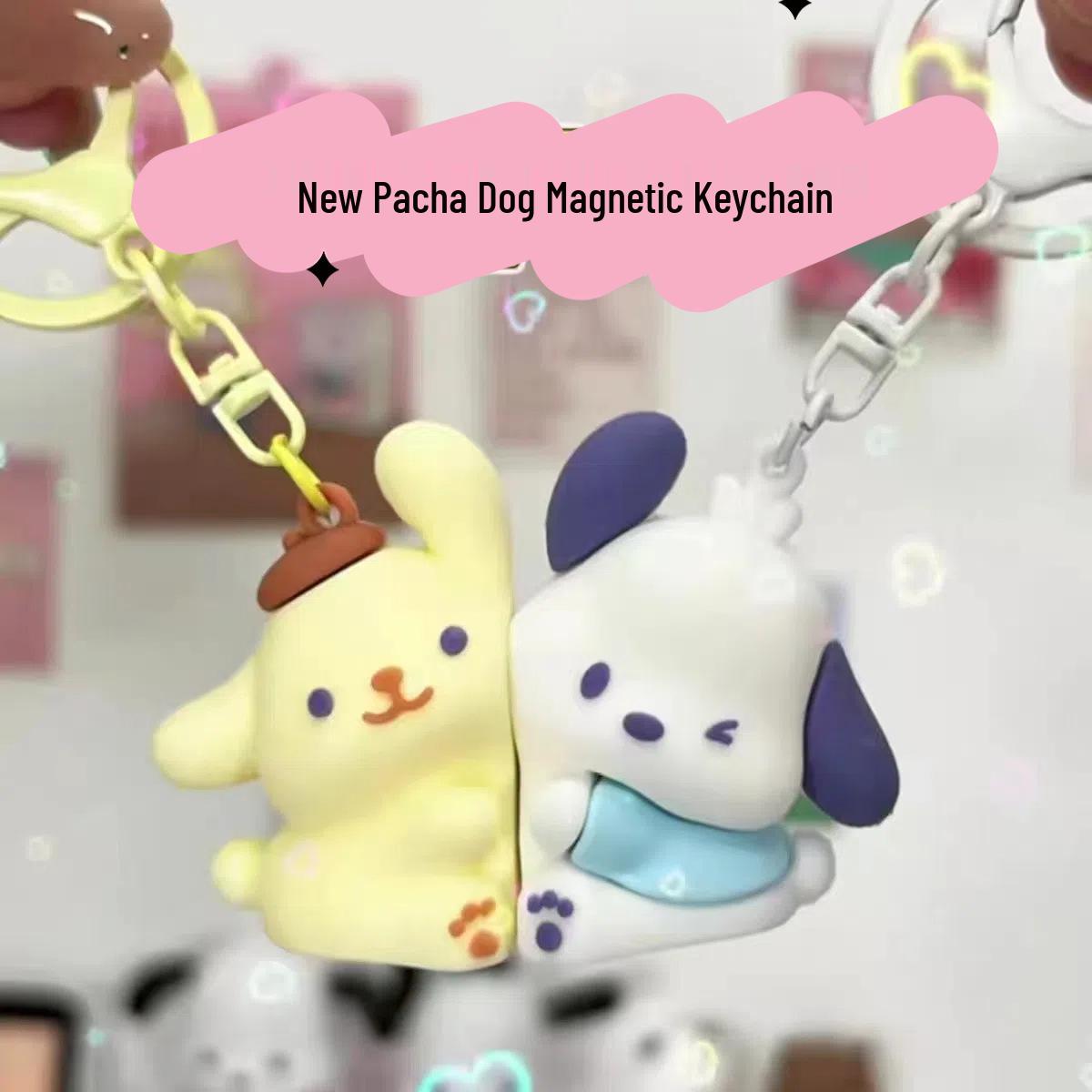 

New Pachacco & Pompompurin Magnetic Sticker Keychain: Dog Couple Hugging Cute Pacha Dog Keychain