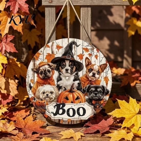 Autumn Maple Leaf Decor Wooden Halloween Door Sign, Cute Puppy Witch Hat Pumpkin Boo Front Gift for Dog Lovers Hanger, Fall Wall Porch Home Decoration