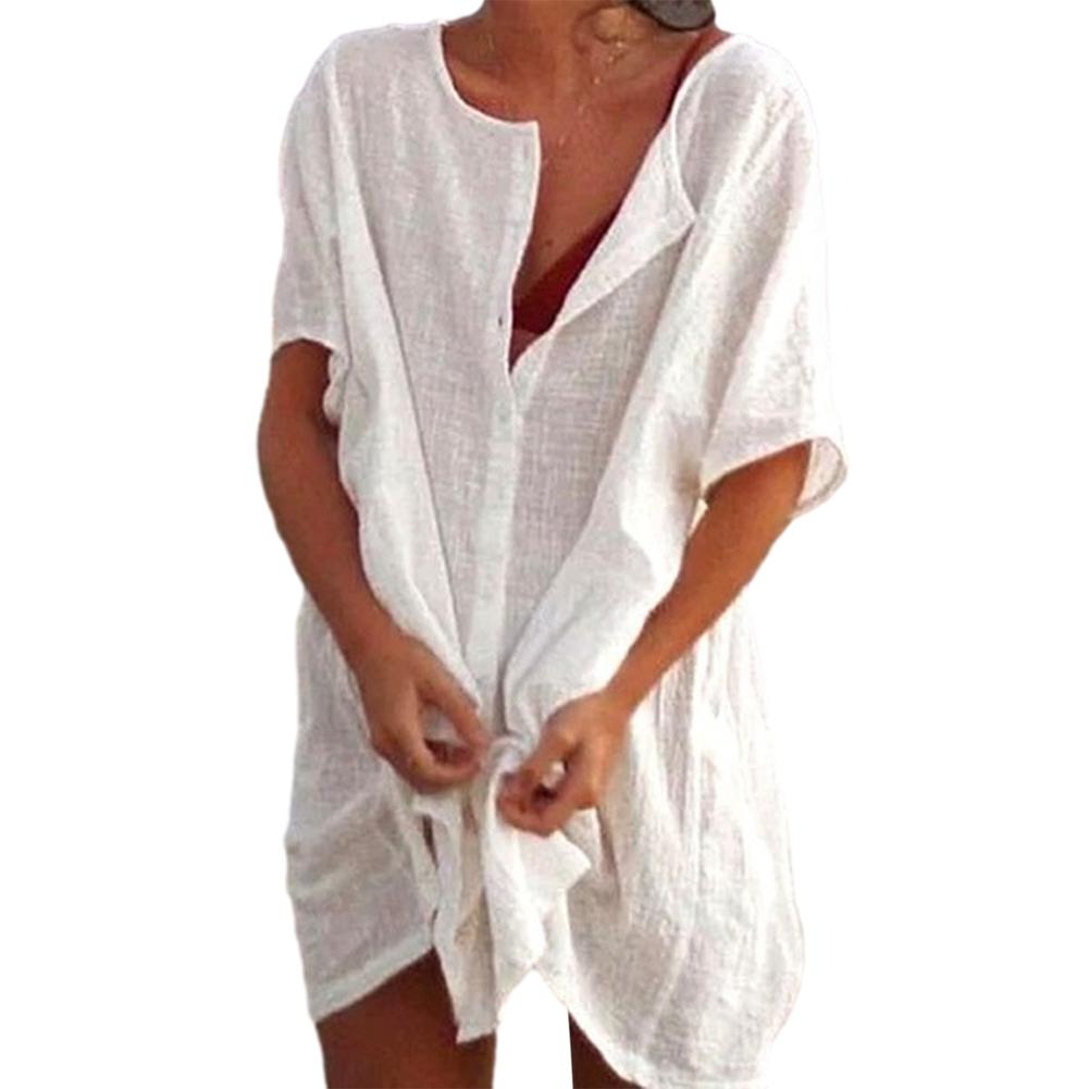 Women Plus Size Solid Loose Casual Mid-Length Short Sleeve Shirt Cardigan