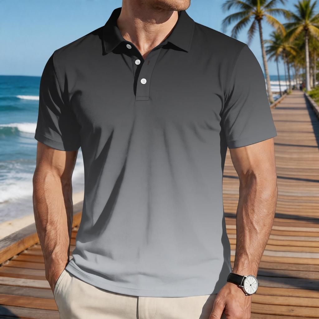 Men Loose Fit Casual Gradient Print Short Sleeve T Shirt with Turn Down Collar Comfortable Soft Fabric Stylish Design