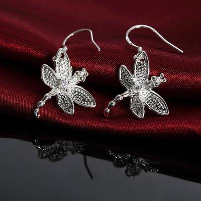 925 Sterling Silver Dragonfly AAA Round Zircon Pendant Earrings, Fashionable Wedding Jewelry