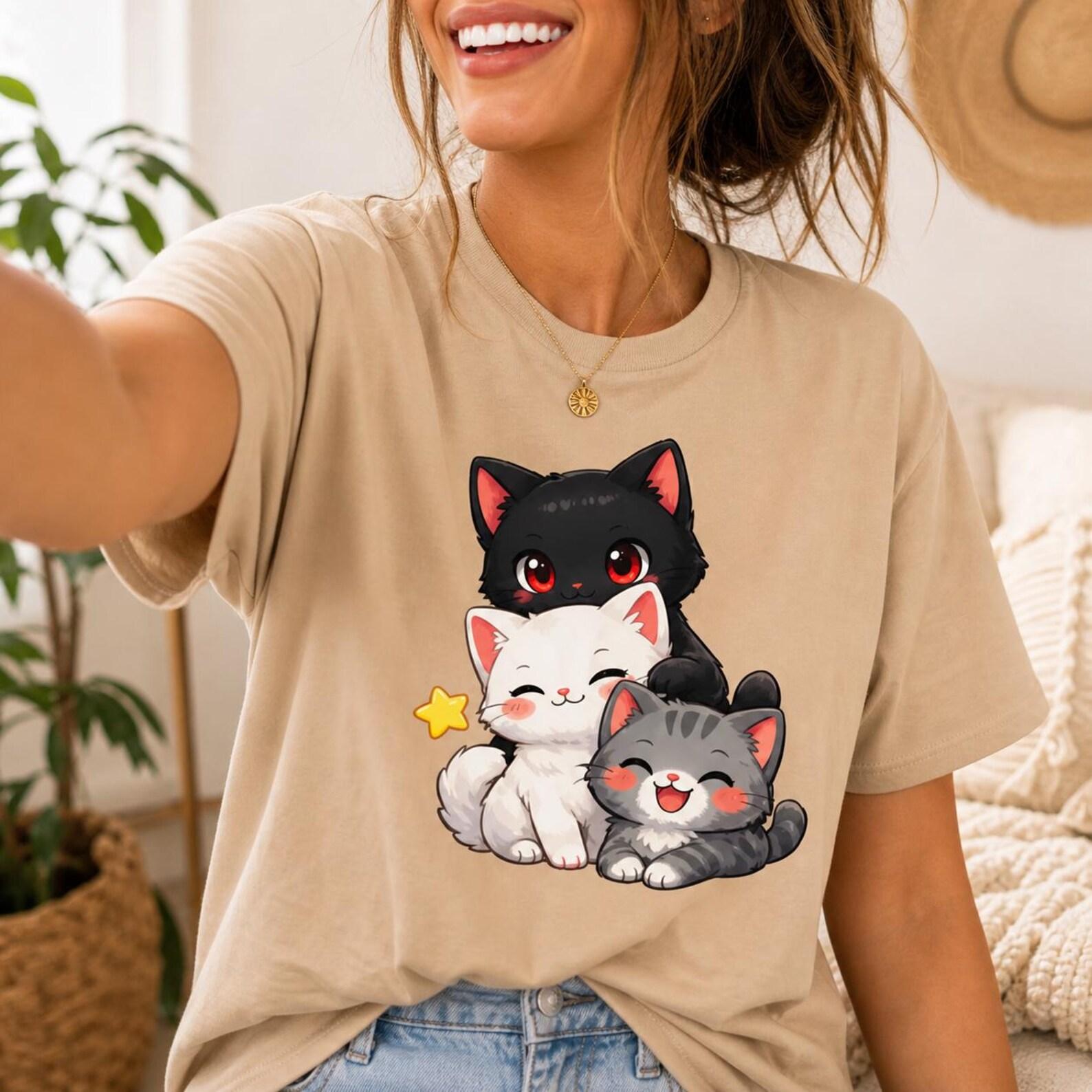 Kawaii Cat Shirt, Three Kittens, Anime Inspired, Unisex Cotton Tee L