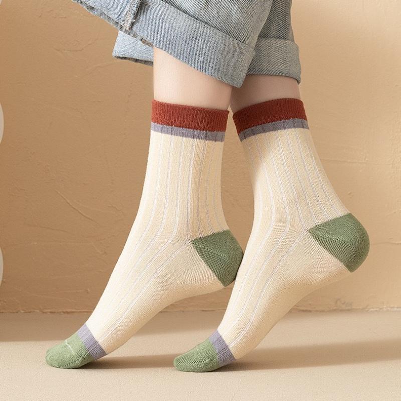 5 Pairs Korean Harajuku Style Retro Striped Socks Cotton Mid-tube Women's Socks
