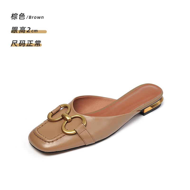 Baotou Half Slippers Women's Summer Outer Wear Fashion 2025 New Horse Buckle Square Head Lazy Flat Muller Shoes