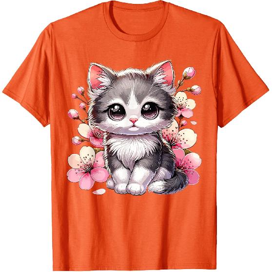 Cute Cat with Cherry Blossoms Cat T-Shirt