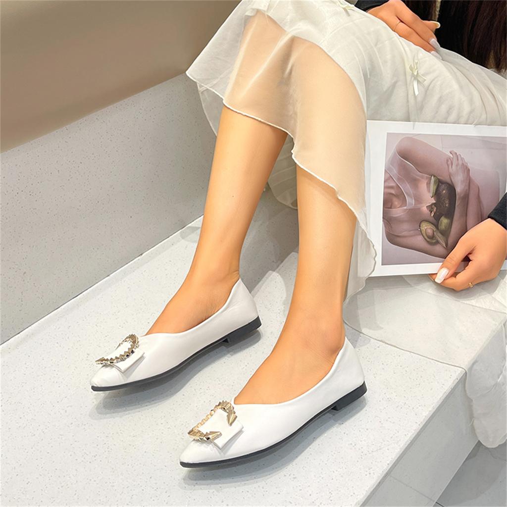 Sweet Flats Women Summer Casual Leather Slip on Pointed Toe Fashion Shoes for Women Solid Metal Buckle Casual Platform Flats