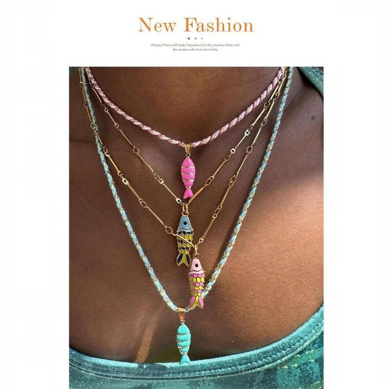 Bohemian Layered Fish Pendant Necklace Colorful Enamel Cute Trendy Adjustable for Teen Girls School Daily Wear