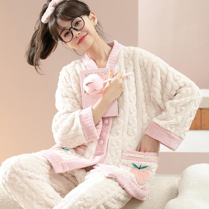 Women's Coral Fleece Pajamas - Thick, Warm Flannel for Autumn & Winter; Cute and Outdoor-Friendly Home Wear
