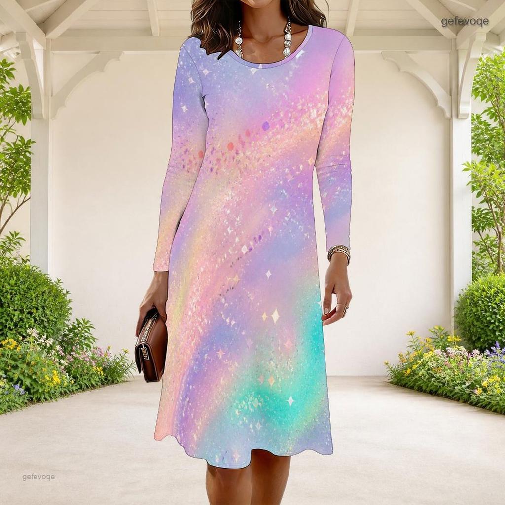 Women Plus Size Round Neck Long Sleeve Black Printed A Line Dress