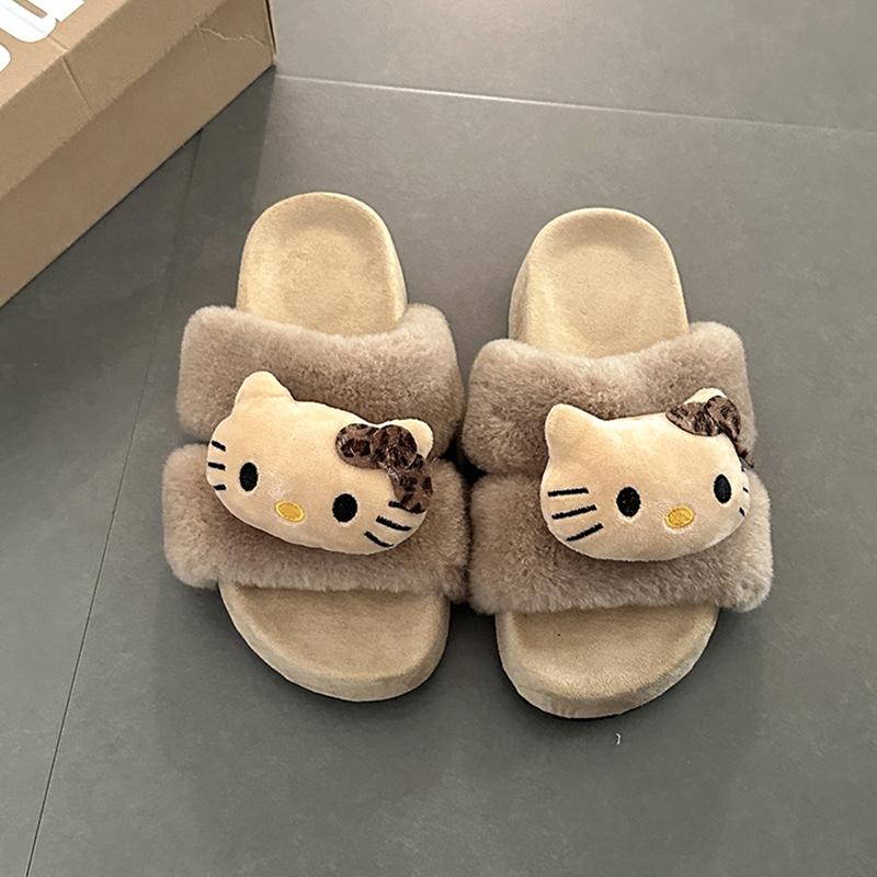 Urocze kreskówkowe puszyste buty Hello Kitty dla kobiet na jesień i zimę 2025, nowe ciepłe i aksamitne bawełniane kapcie na grubej podeszwie