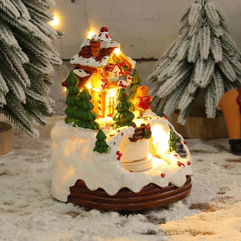Christmas Music Box Snow House Ornaments with LED Light Resin Rotating Music Figurines Home Christmas Decorations New Year Gift