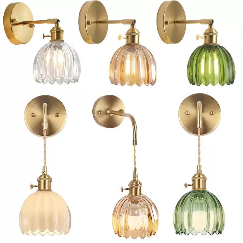 Retro Japanese Copper Amber Glass Wall Lamp - Modern for Bedroom or Entryway.