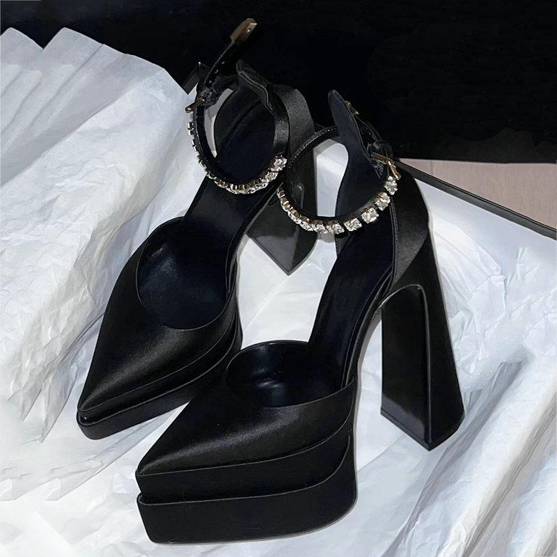 Fashion 2025 New Fashion Catwalk Show Women's Single Shoes Fashion Pumps Summer Water Platform Thick Heel Pointed Toe Satin High Heels