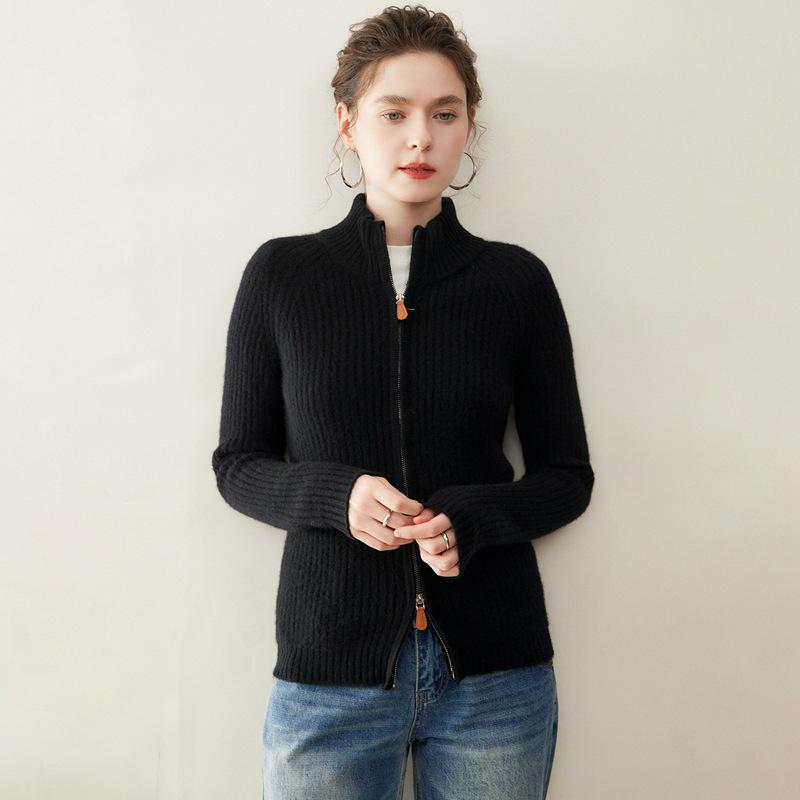 Women's Winter 2026 Double Zipper Slimming Cashmere Cardigan - Half-High Collar Ribbed Gentle Style Outerwear