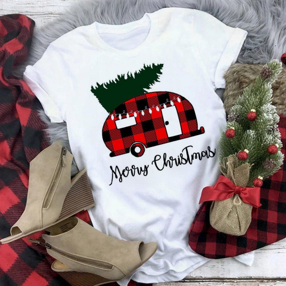 

Christmas Tee Merry Xmas Tree Print Short Sleeve Daily Streetwear 90s Retro Lucky Deer Graphic Top Womens Casual Loose S