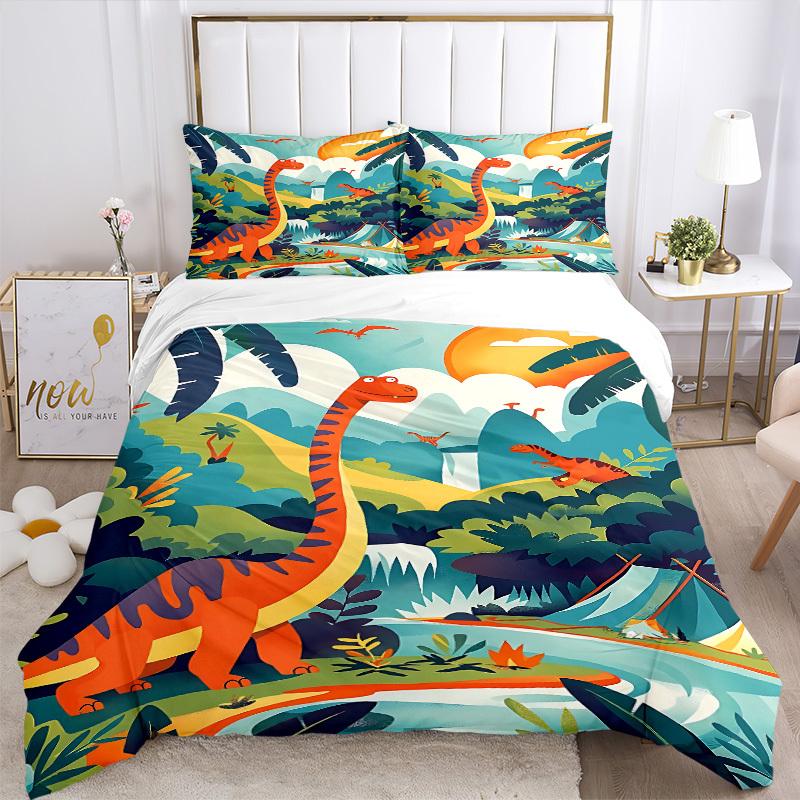 3pcs Dino Adventure Bedding Set, Includes 1 Comforter + 2 Pillowcases, Without Pillow Inserts, Soft Comfortable, Lightweight Breathable, Pri