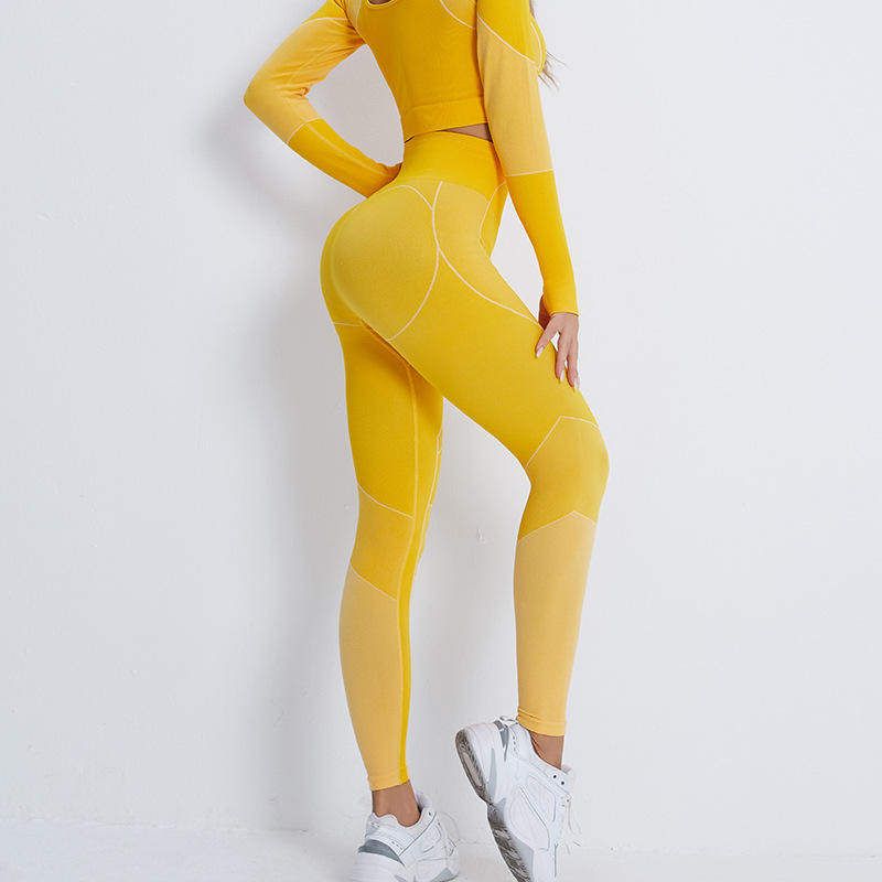

New European and American Export Fitness Set: Cropped Long-Sleeve Sports T-Shirt and High-Waisted Butt-Lifting Yoga Leggings Yellow Trousers L