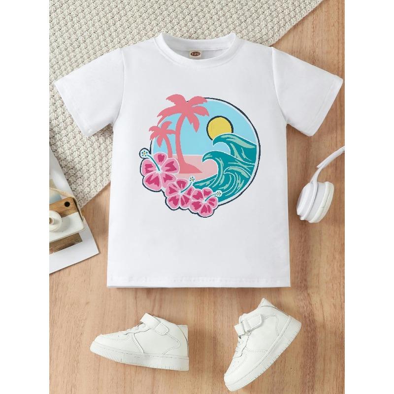 European Size Girls Round-neck Short-sleeved T-shirt with Hawaiian Beach Pattern Print