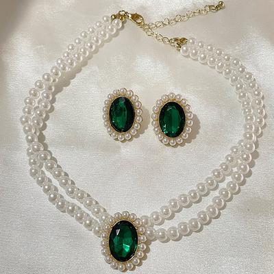 Vintage Frauen Barock Stil Simulation Perle Halskette Palace Kragen Chorkers Ohrringe Set