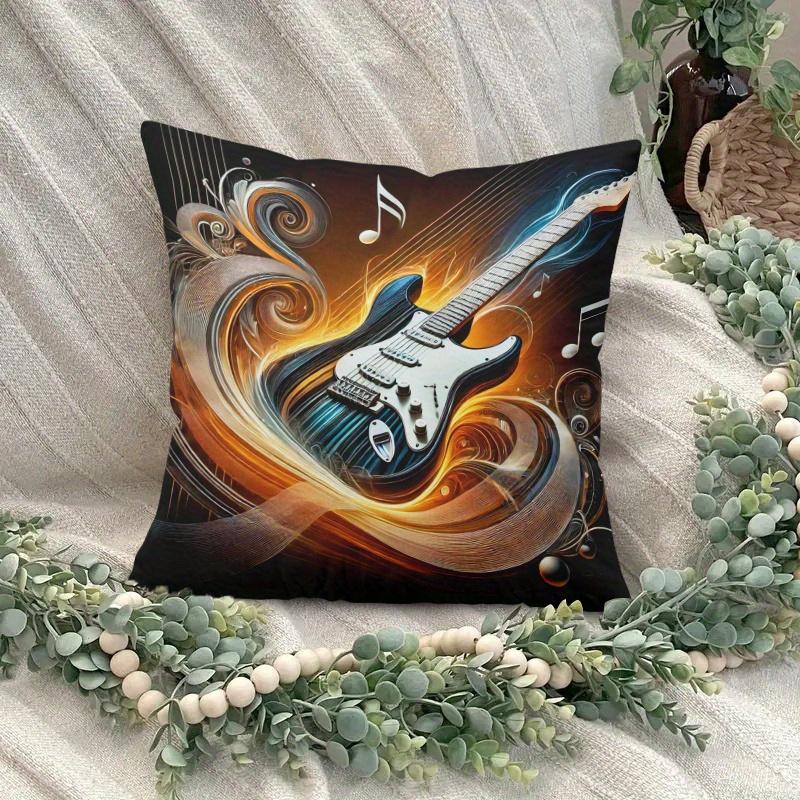 Pillowcase 1Pc, Electric Guitar Melody, Printed Holiday Theme Cushion Cover With Hidden Zipper, Suitable For Sofa, Living Room,
