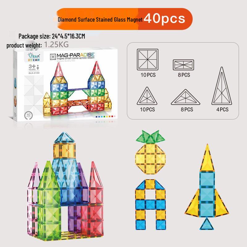 Stained Glass Magnetic Building Blocks Set - 100-Piece Educational Toy for Kids