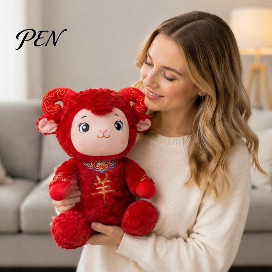 Skin Friendly Polyester Fiber Toy Lucky Sheep Plush Toy, Chinese New Year Zodiac Doll with Red Traditional Embroidery Ornament Curly Fur And