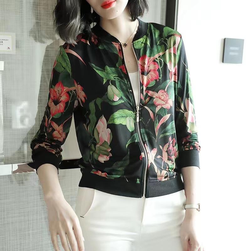 

Small Fragrance Short Ladies Coat Printed Baseball Uniform Summer New Plus Size Loose Jacket Cardigan Chiffon Sunscreen Clothing M
